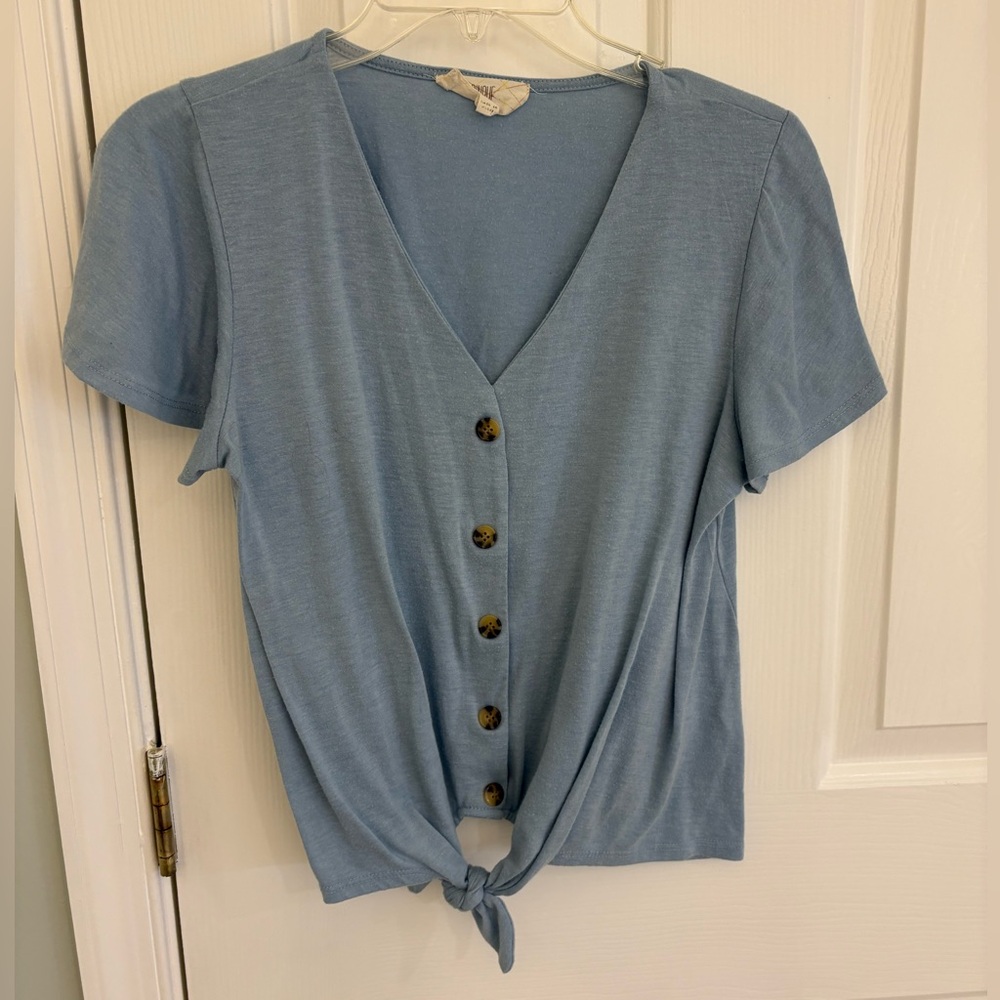 Stylish Light Blue Button-Down Tie-Front Shirt